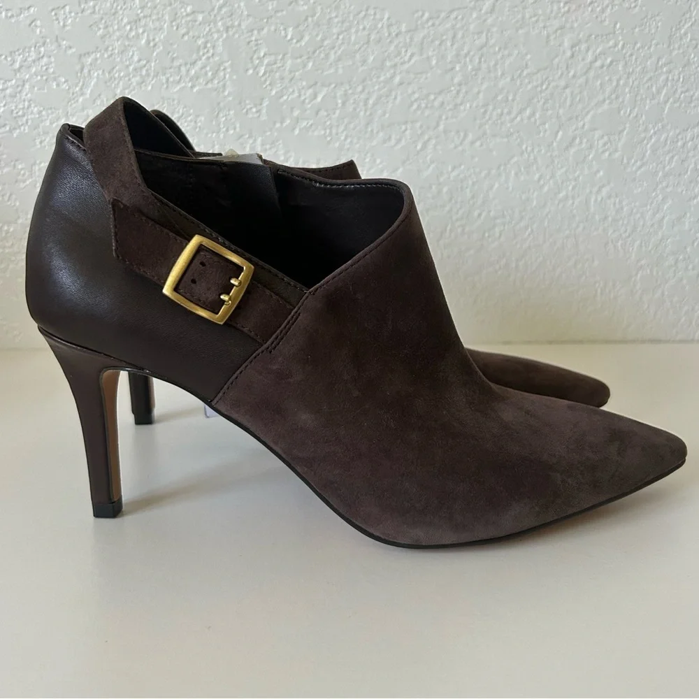 Vince Camuto Kreitha Leather Suede Stiletto Heels Booties in Root Beer Brown